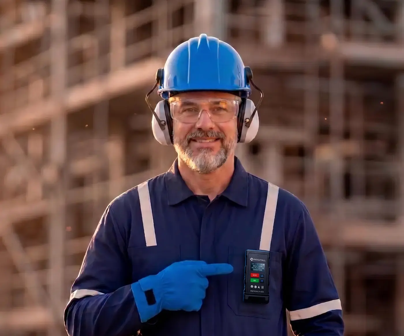 Field worker pointing to the Smartbadge clipped to his uniform at an industrial plant